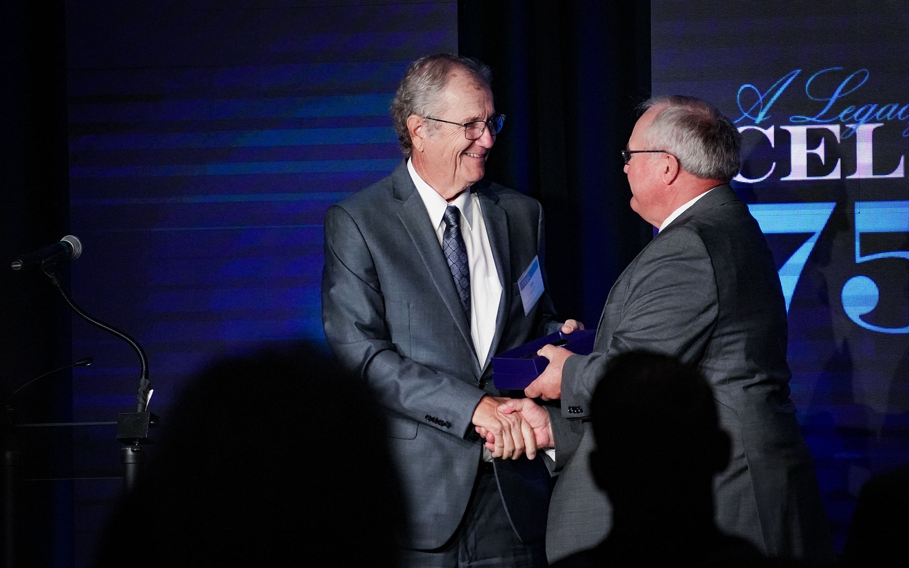Alan Vedvei presents Jim Ryken with award and shakes his hand