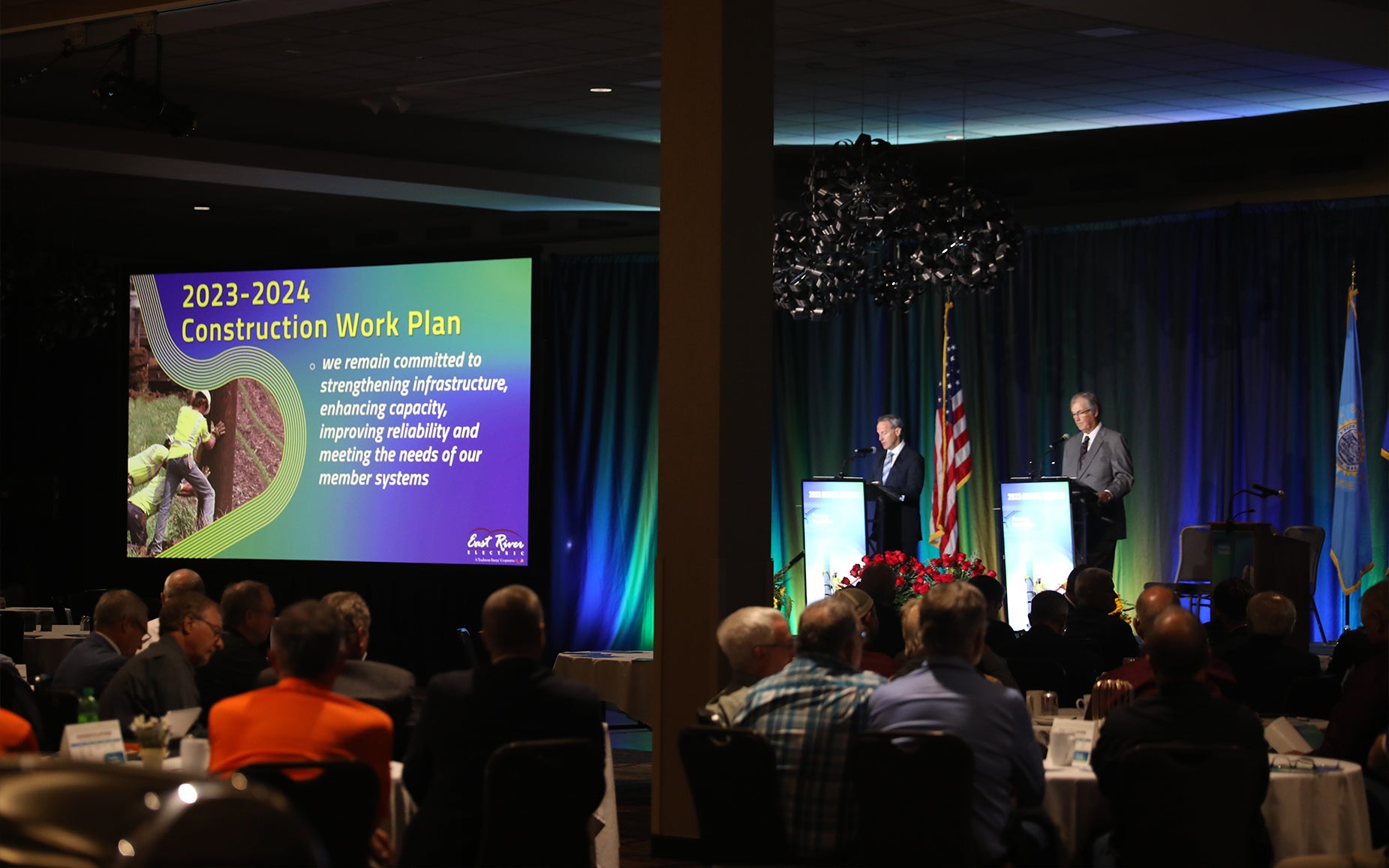 A view of the stage at East River Electric's Annual Meeting