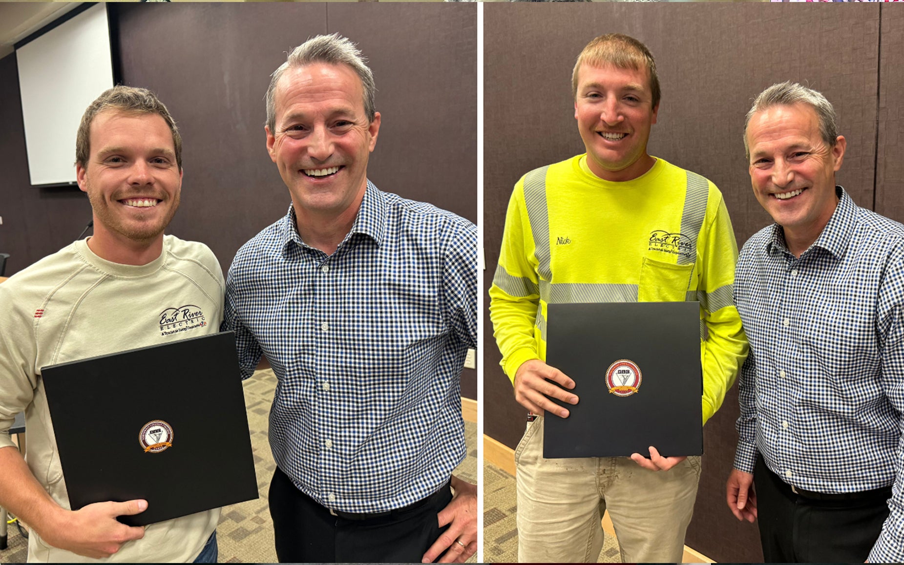 Kutler Leighton and Nicholas Duis hold certificates
